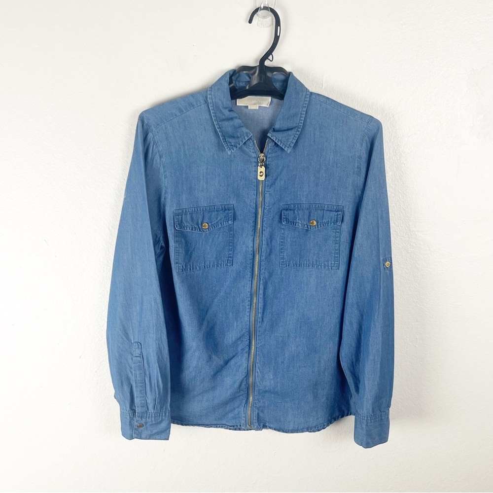MICHAEL Michael Kors Blue Chambray RollTab Sleeves Full Zipper Jacket Size Large